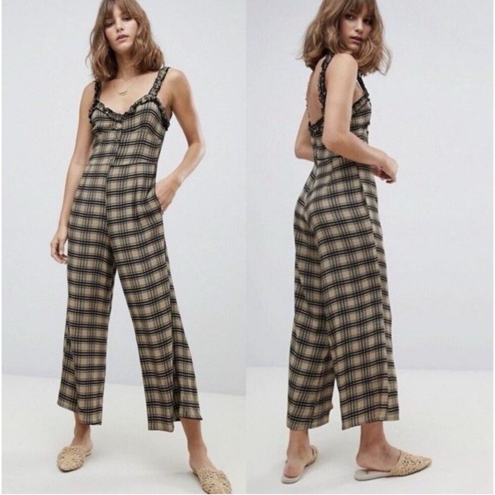 Faithfull The Brand Cancun Hillary Plaid Cropped Wide Leg Jumpsuit L